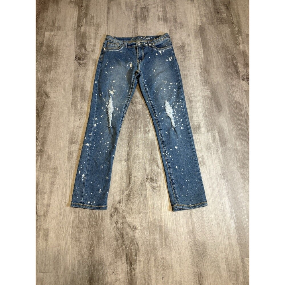 Pre-Owned ELITE JEANS Blue Denim Acid Wash Distressed Skinny Leg Juniors 9/10